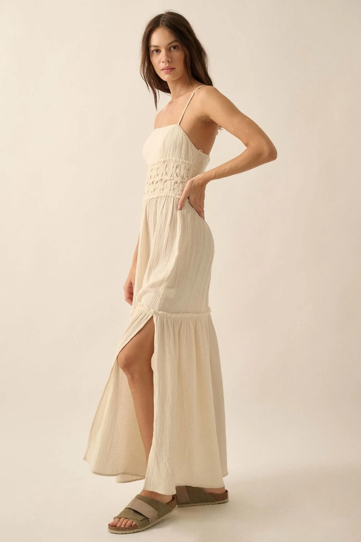 Laced Out Crochet-Trim Crinkle Cotton Maxi Dress