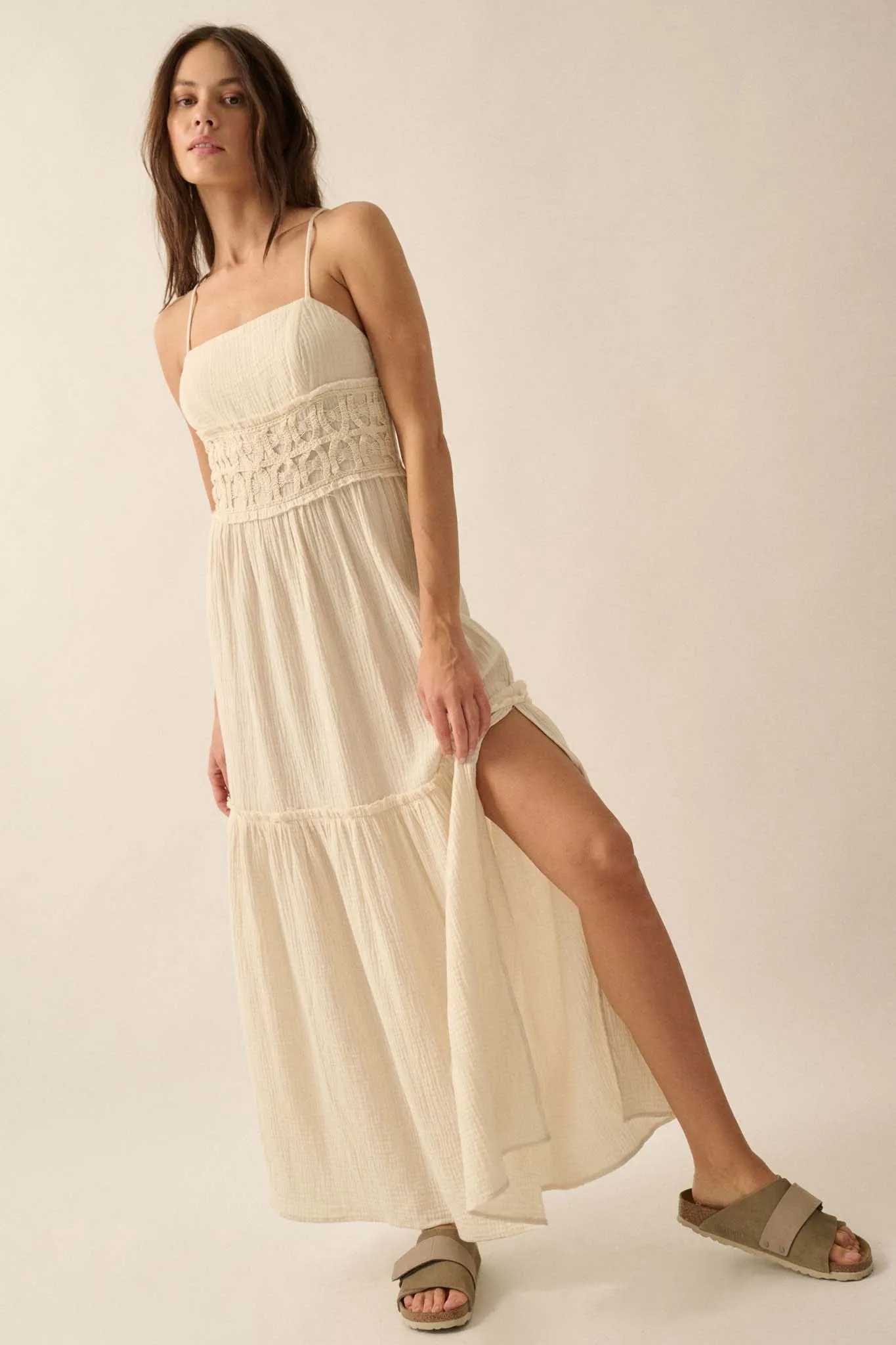 Laced Out Crochet-Trim Crinkle Cotton Maxi Dress