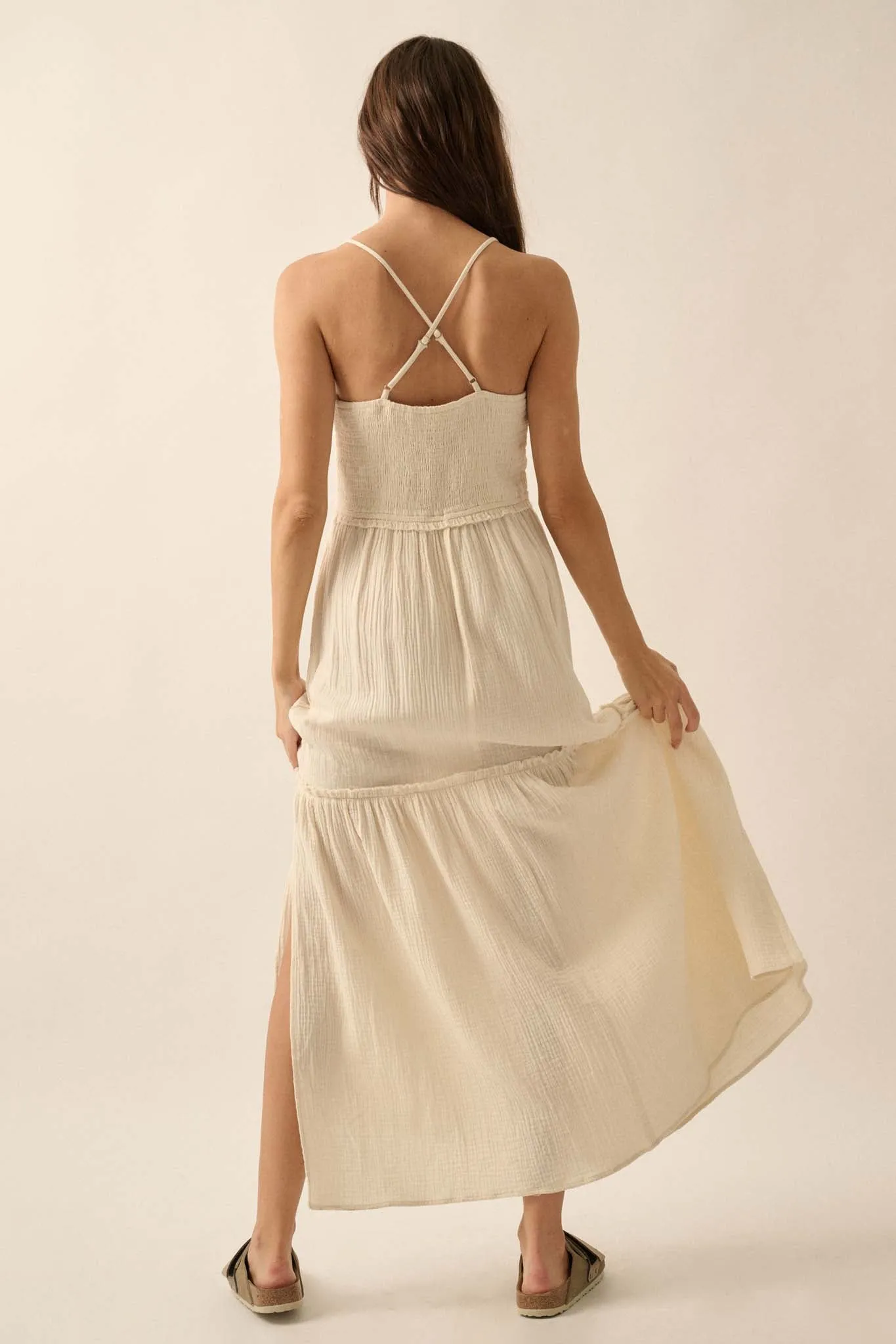 Laced Out Crochet-Trim Crinkle Cotton Maxi Dress
