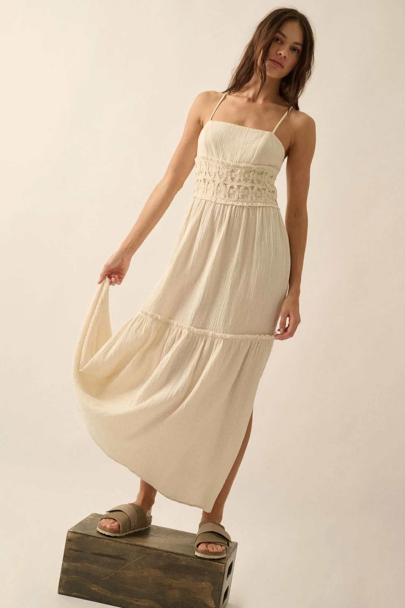 Laced Out Crochet-Trim Crinkle Cotton Maxi Dress