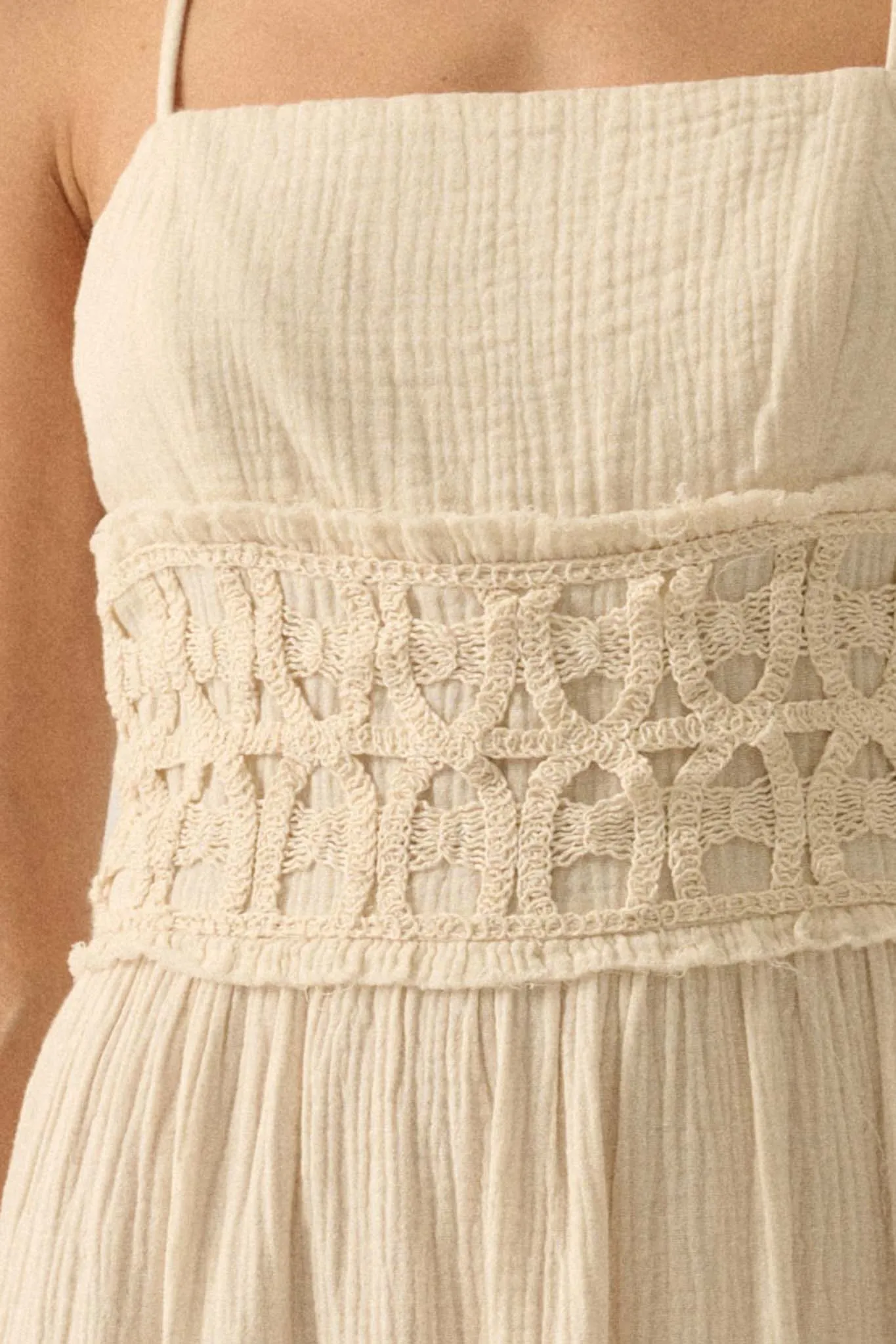 Laced Out Crochet-Trim Crinkle Cotton Maxi Dress