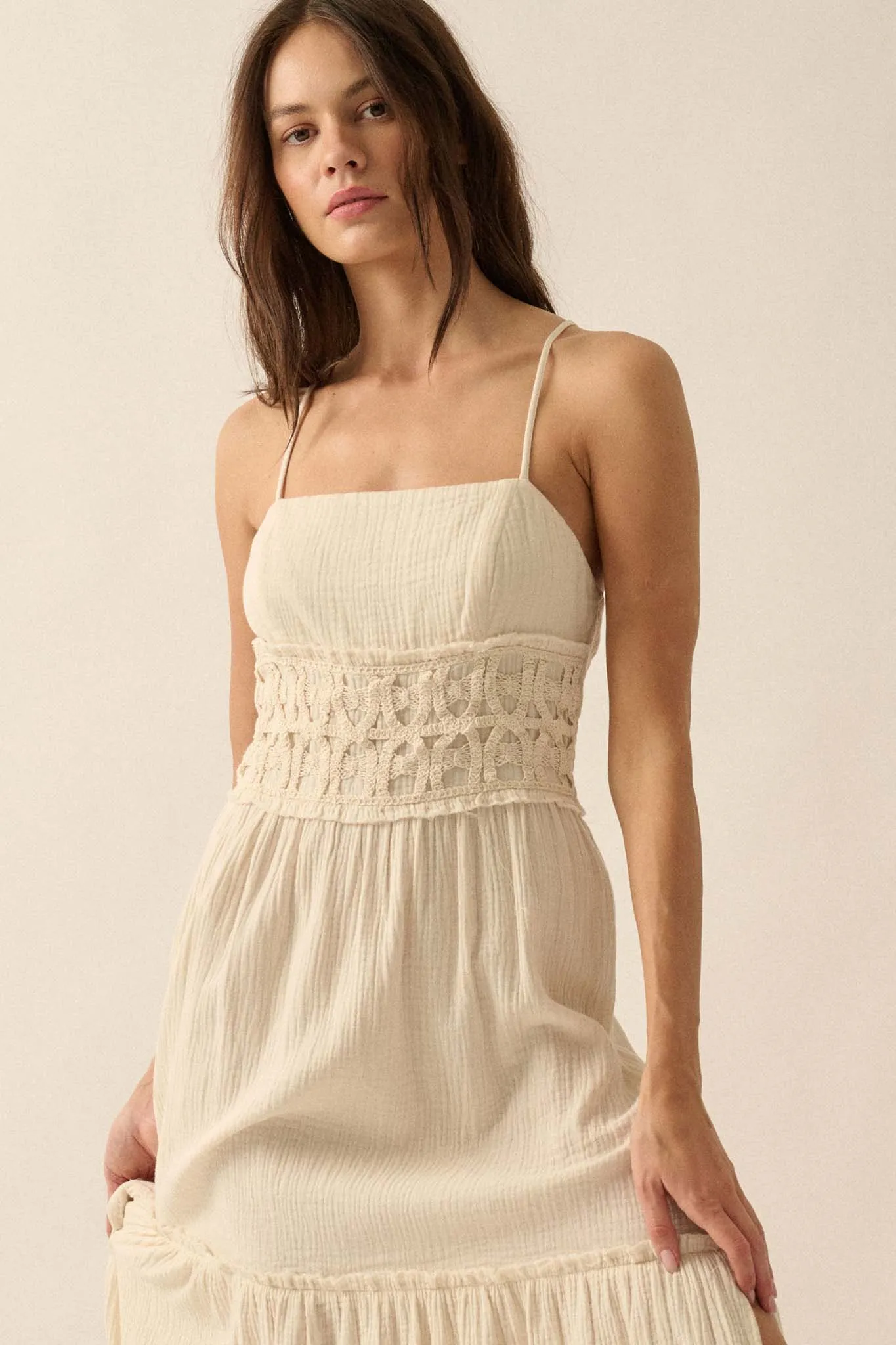 Laced Out Crochet-Trim Crinkle Cotton Maxi Dress