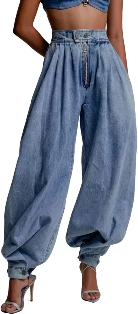loveimgs Women Baggy Harem Jeans Joggers Denim Pants Wide Leg Jeans High Rise Sweatpants Tapered Leg Trousers