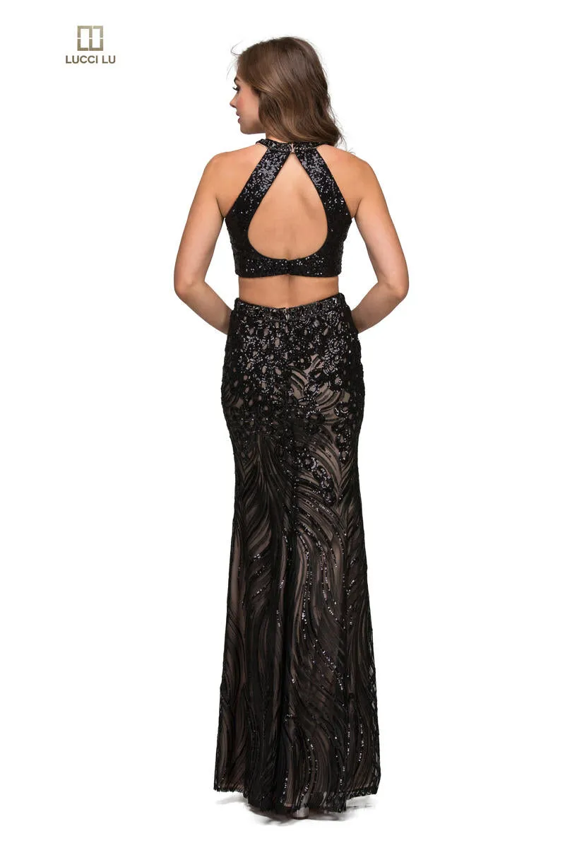 Lucci Lu 8258 Black Nude Sequin 2 Piece Dress - Size 8