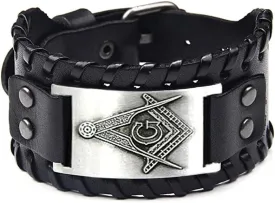 Masonic Freemason Leather Bracelet, Freemason Compass Symbol Leather Cuff Wristband for Mason Costume