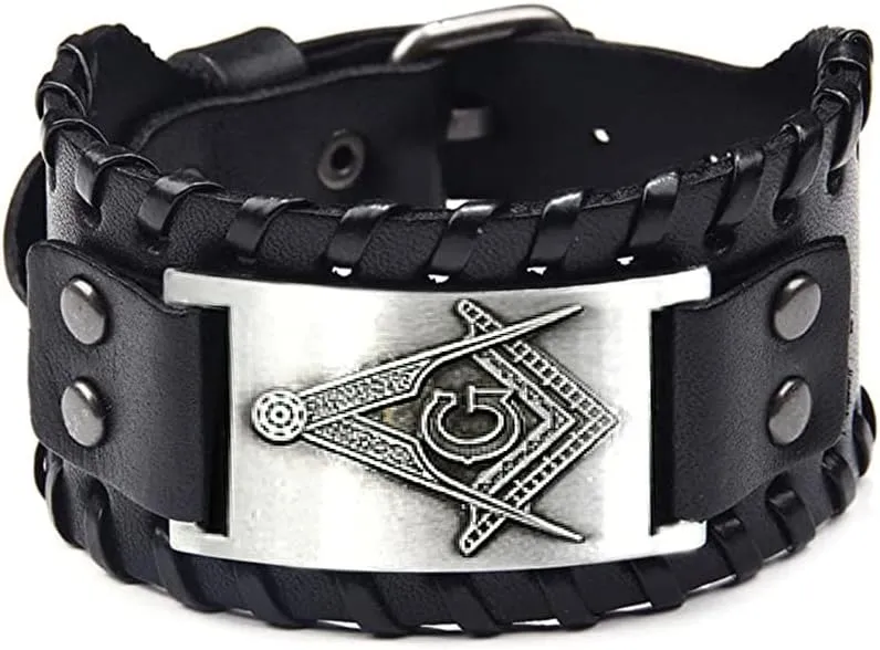 Masonic Freemason Leather Bracelet, Freemason Compass Symbol Leather Cuff Wristband for Mason Costume