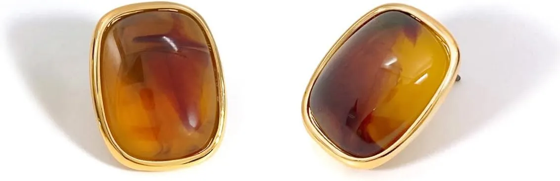 M.DUN- Round Edges Rectangle Shape Studs Earring. Abalone Amber Turquoise Resin Stone Design, 18k Real Gold Plated Bezel, Hypoallergenic Gorgeous Gift for Women