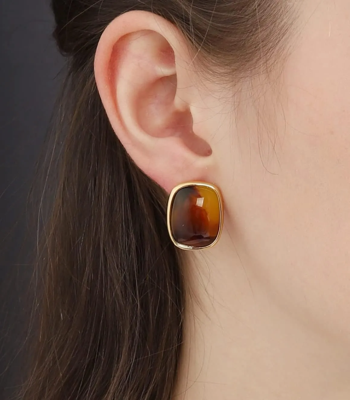 M.DUN- Round Edges Rectangle Shape Studs Earring. Abalone Amber Turquoise Resin Stone Design, 18k Real Gold Plated Bezel, Hypoallergenic Gorgeous Gift for Women
