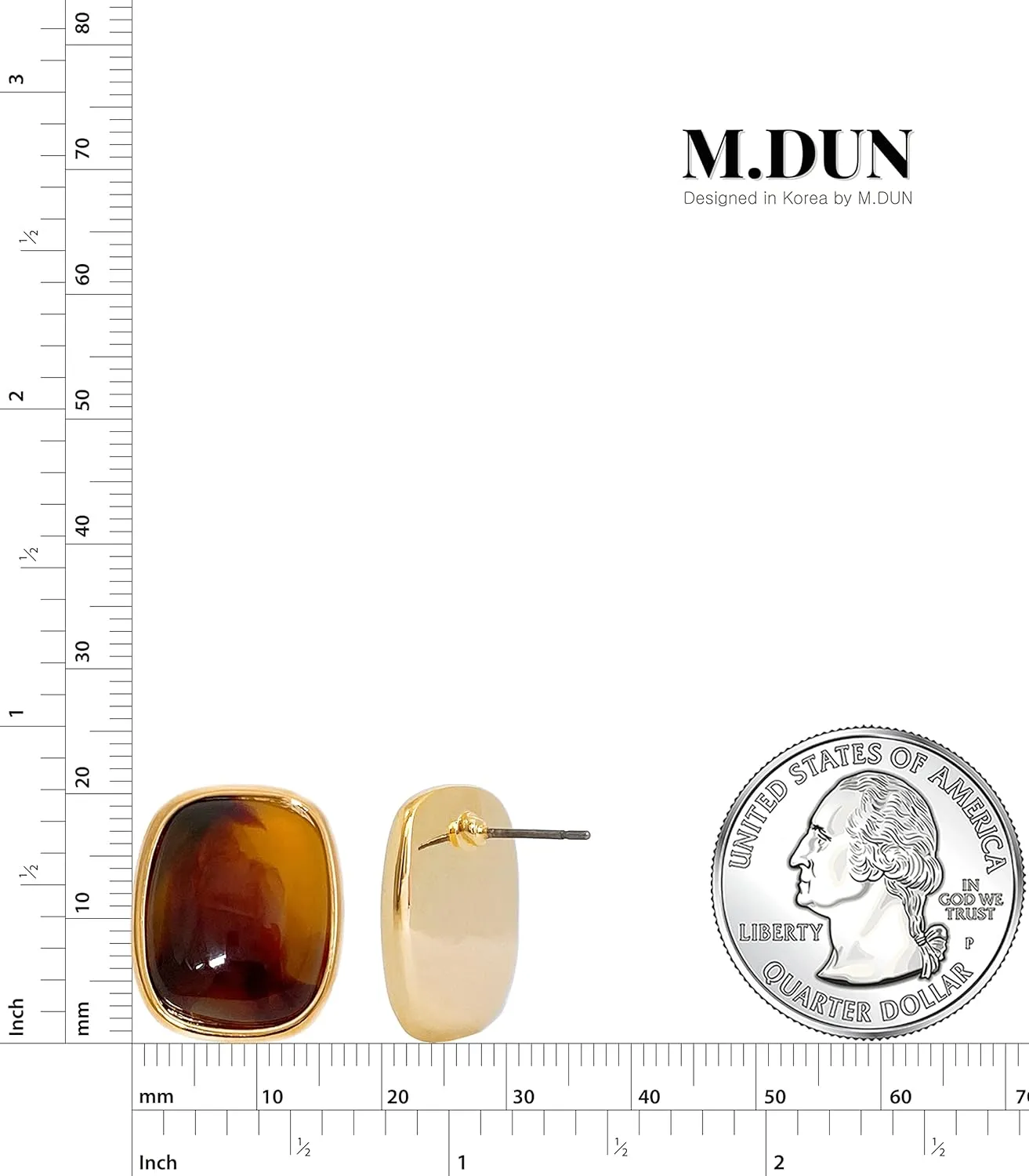 M.DUN- Round Edges Rectangle Shape Studs Earring. Abalone Amber Turquoise Resin Stone Design, 18k Real Gold Plated Bezel, Hypoallergenic Gorgeous Gift for Women