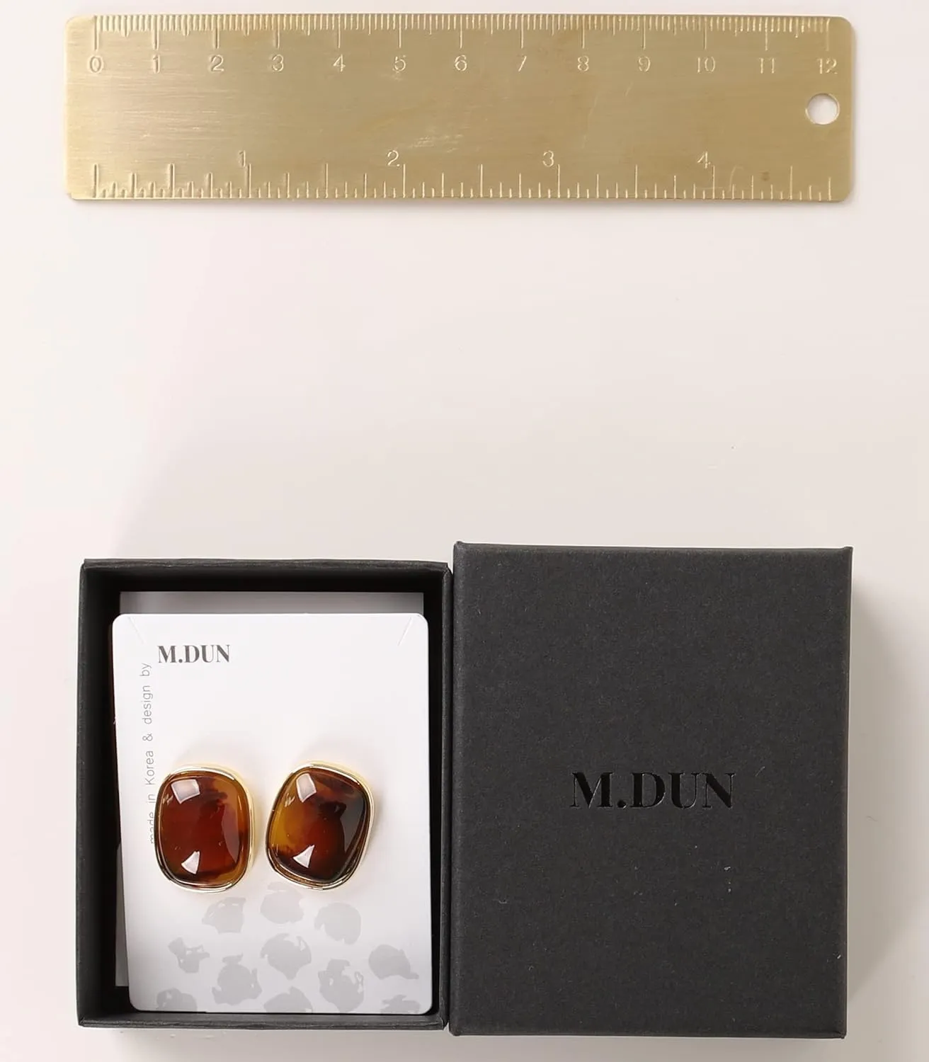 M.DUN- Round Edges Rectangle Shape Studs Earring. Abalone Amber Turquoise Resin Stone Design, 18k Real Gold Plated Bezel, Hypoallergenic Gorgeous Gift for Women