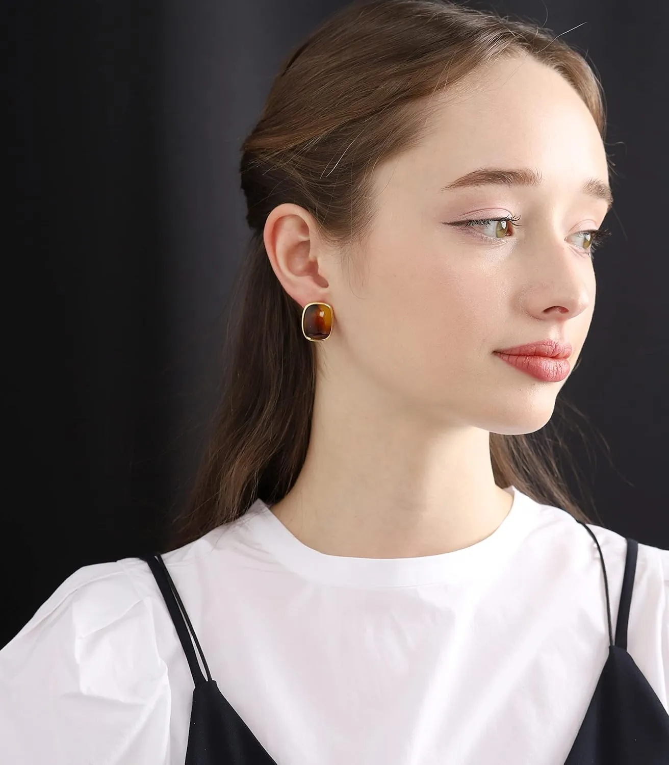 M.DUN- Round Edges Rectangle Shape Studs Earring. Abalone Amber Turquoise Resin Stone Design, 18k Real Gold Plated Bezel, Hypoallergenic Gorgeous Gift for Women