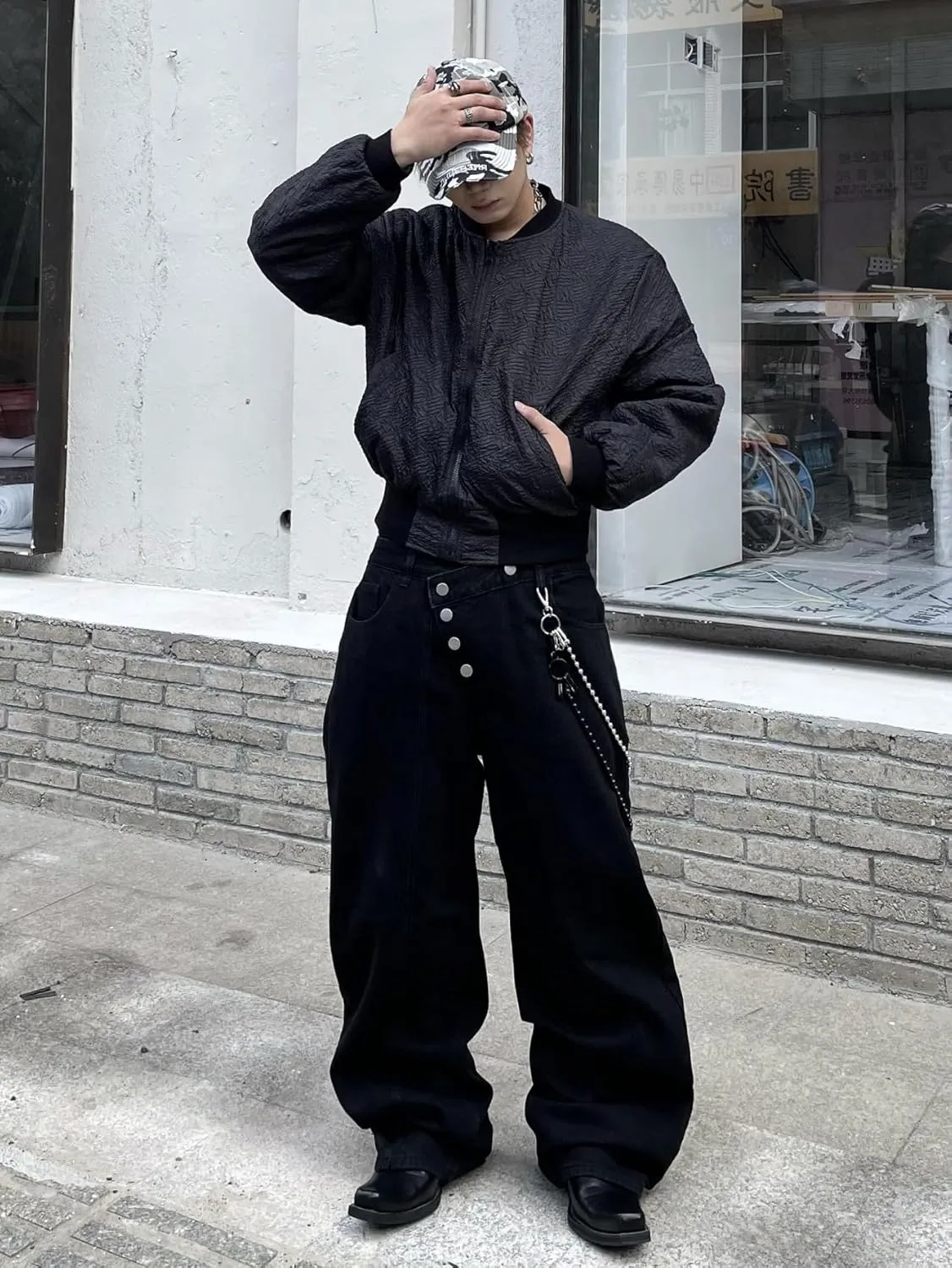 Men's Angled Button Fly Baggy Jeans Hip Hop Y2k Wide Leg Denim Pants Skater Jeans Streetwear