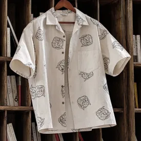 Men's Japanese Vintage Linen Sense Print Shirts - 100% Cotton Short Sleeve Workwear Tops