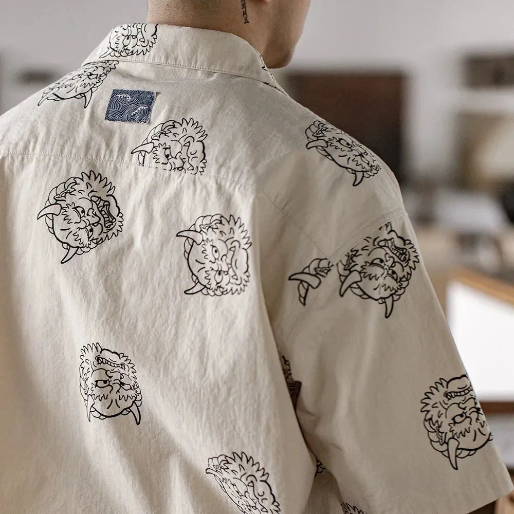 Men's Japanese Vintage Linen Sense Print Shirts - 100% Cotton Short Sleeve Workwear Tops