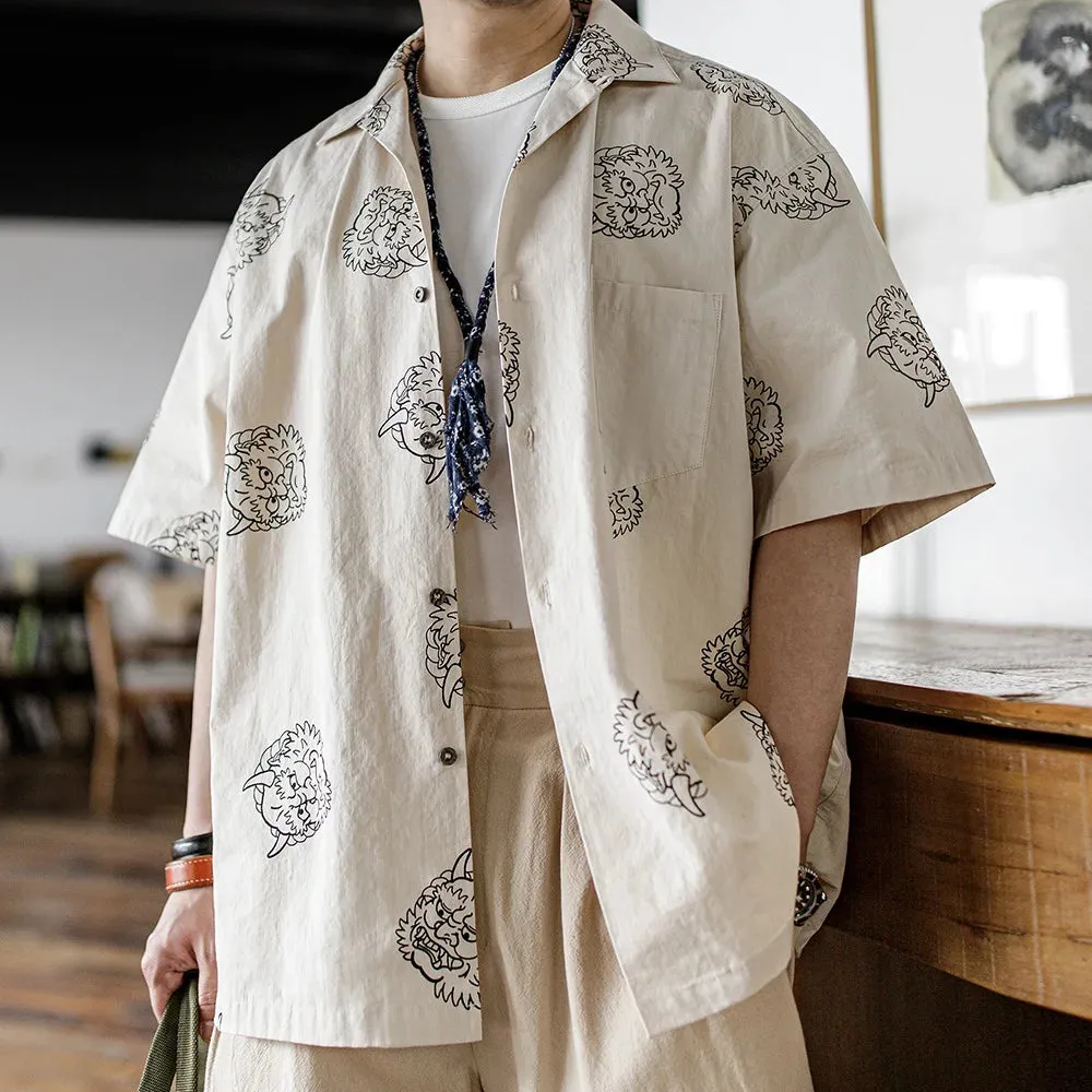 Men's Japanese Vintage Linen Sense Print Shirts - 100% Cotton Short Sleeve Workwear Tops