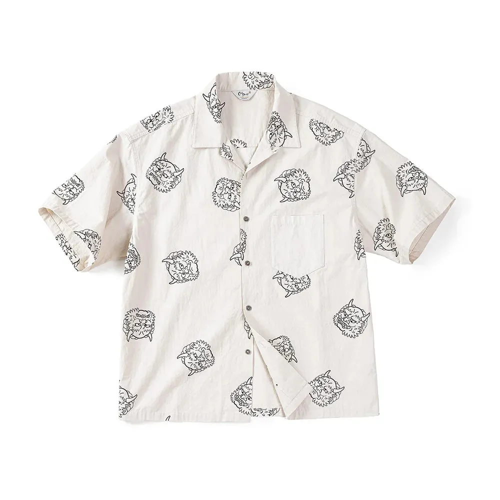Men's Japanese Vintage Linen Sense Print Shirts - 100% Cotton Short Sleeve Workwear Tops