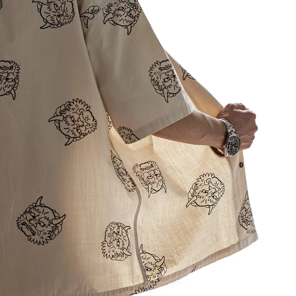 Men's Japanese Vintage Linen Sense Print Shirts - 100% Cotton Short Sleeve Workwear Tops