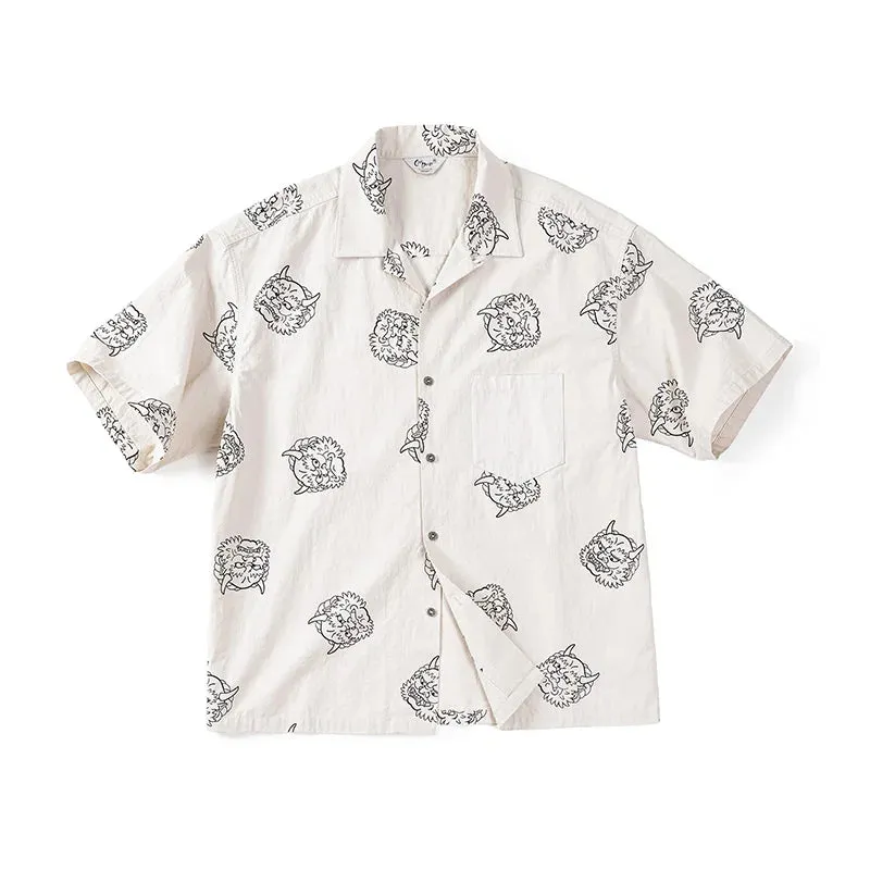 Men's Japanese Vintage Linen Sense Print Shirts - 100% Cotton Short Sleeve Workwear Tops