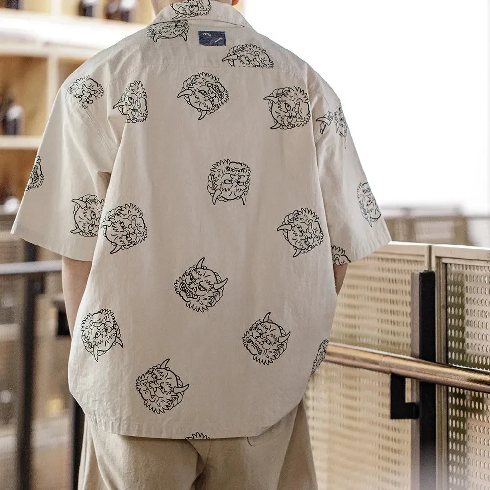 Men's Japanese Vintage Linen Sense Print Shirts - 100% Cotton Short Sleeve Workwear Tops