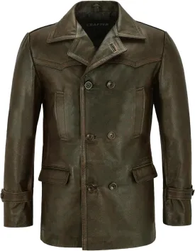 Men's Kriegsmarine German Ww2 Dr Who Reefer Hide Leather Jacket Coat Four Button Leather Car Coat - Pea Coat for Mens