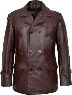 Men's Kriegsmarine German Ww2 Dr Who Reefer Hide Leather Jacket Coat Four Button Leather Car Coat - Pea Coat for Mens