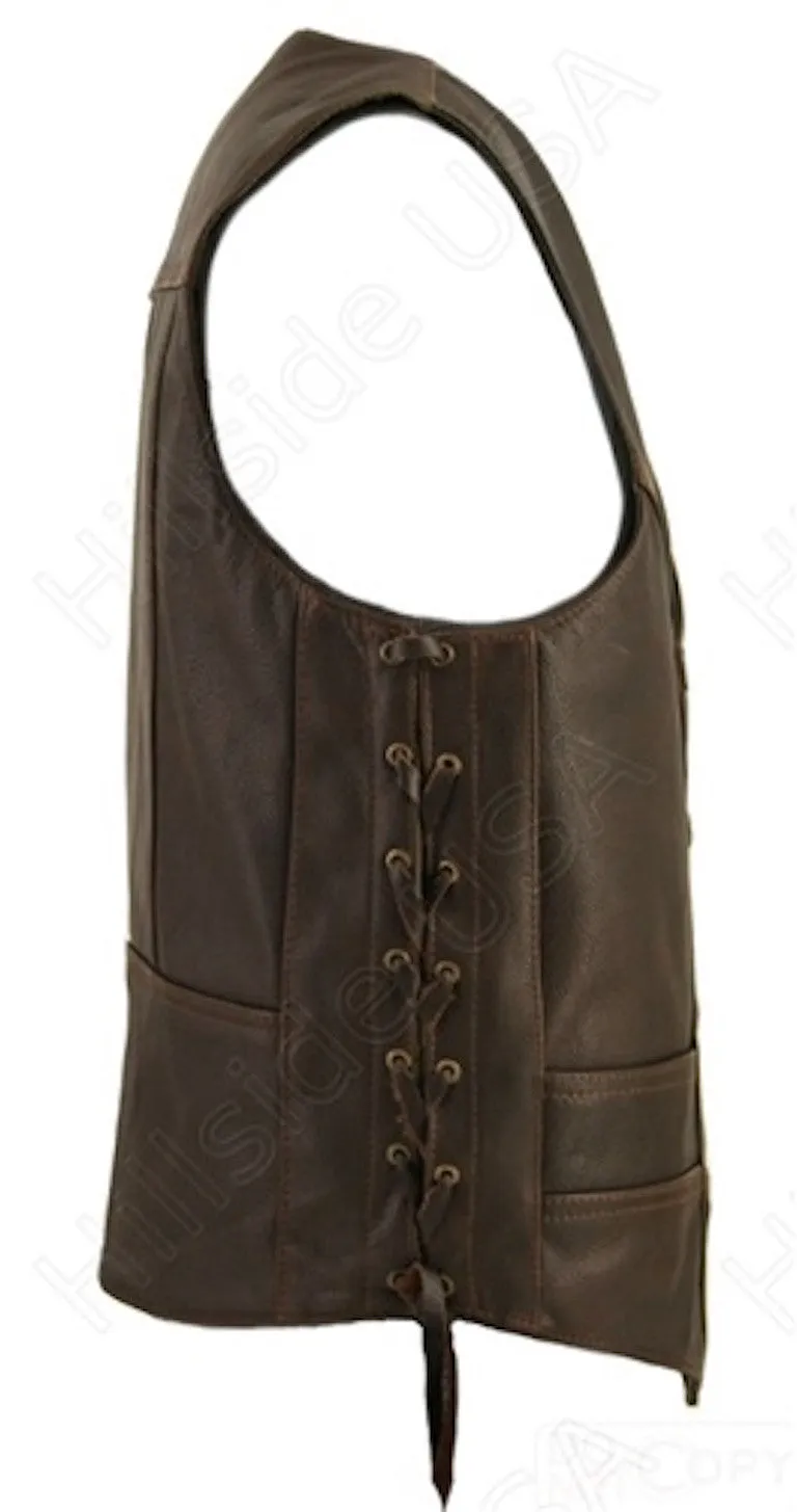 Men's Made in USA Distressed Brown Naked Leather Buffalo Nickel Motorcycle Vest Gun Pockets