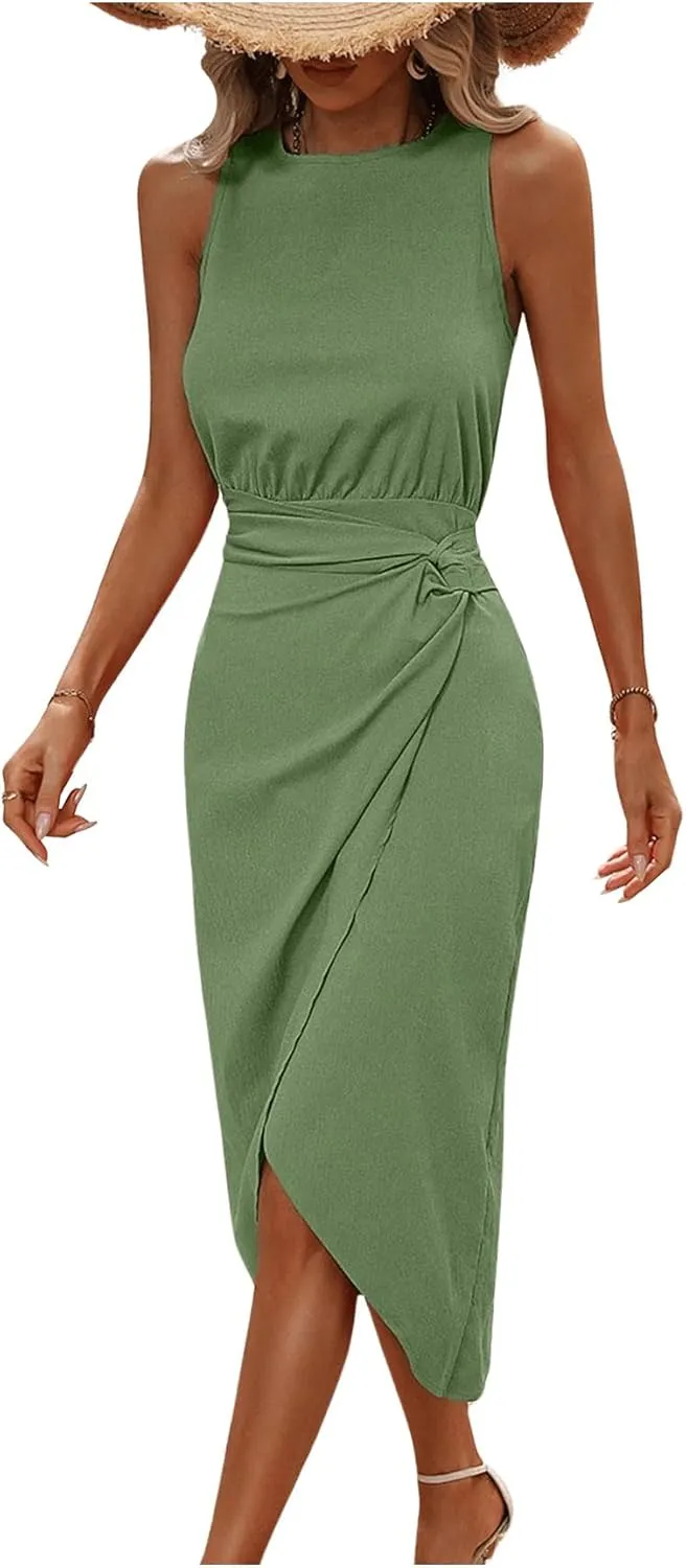 Milumia Women's Summer Wrap Hem Ruched Midi Dress Sleeveless Twist Side Tank Dresses