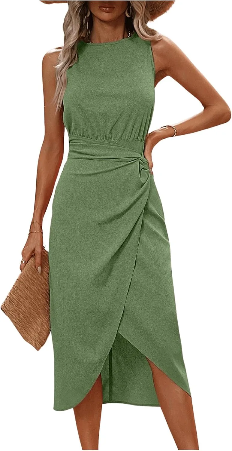 Milumia Women's Summer Wrap Hem Ruched Midi Dress Sleeveless Twist Side Tank Dresses