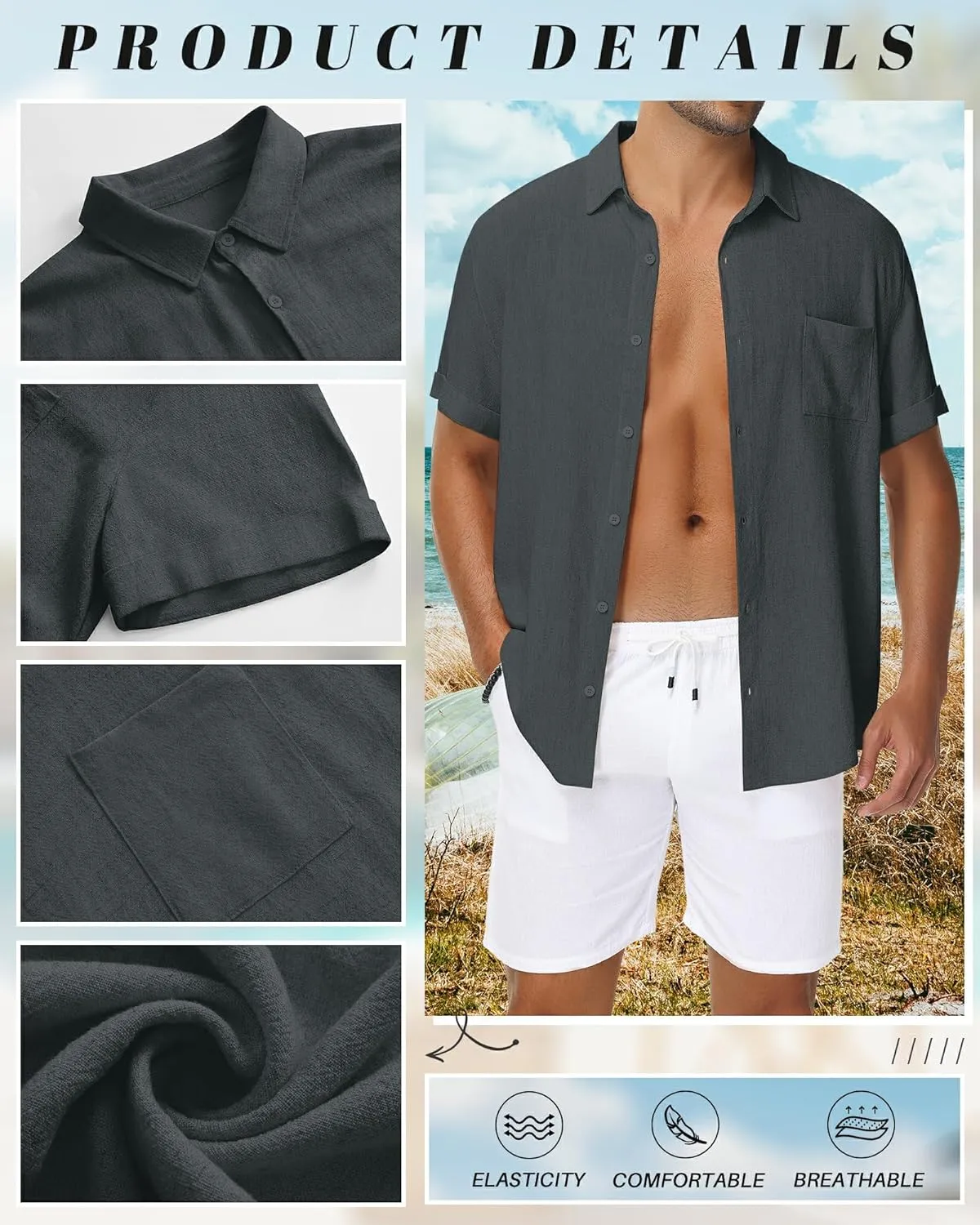 Neer Men's Big and Tall Cotton Linen Shirts M-7XL Short Sleeve Casual Button Down Blouses with Pocket Summer Beach Tops