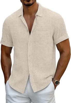 Neer Men's Big and Tall Cotton Linen Shirts M-7XL Short Sleeve Casual Button Down Blouses with Pocket Summer Beach Tops