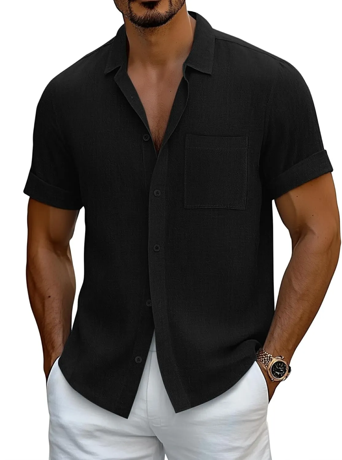 Neer Men's Big and Tall Cotton Linen Shirts M-7XL Short Sleeve Casual Button Down Blouses with Pocket Summer Beach Tops