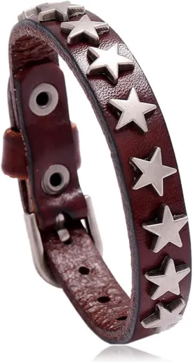 NIGHTCRUZ Punk Leather Bracelet Star, Vintage Leather Cuff Wristband with Belt Buckle