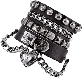 NIGHTCRUZ Punk Leather Chain Bracelet, Goth Leather Wristband with Heart, Rock and Roll Bracelet for Men Women