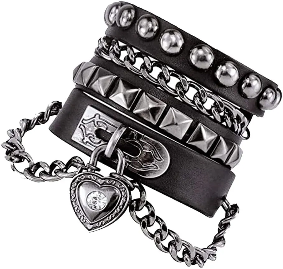 NIGHTCRUZ Punk Leather Chain Bracelet, Goth Leather Wristband with Heart, Rock and Roll Bracelet for Men Women