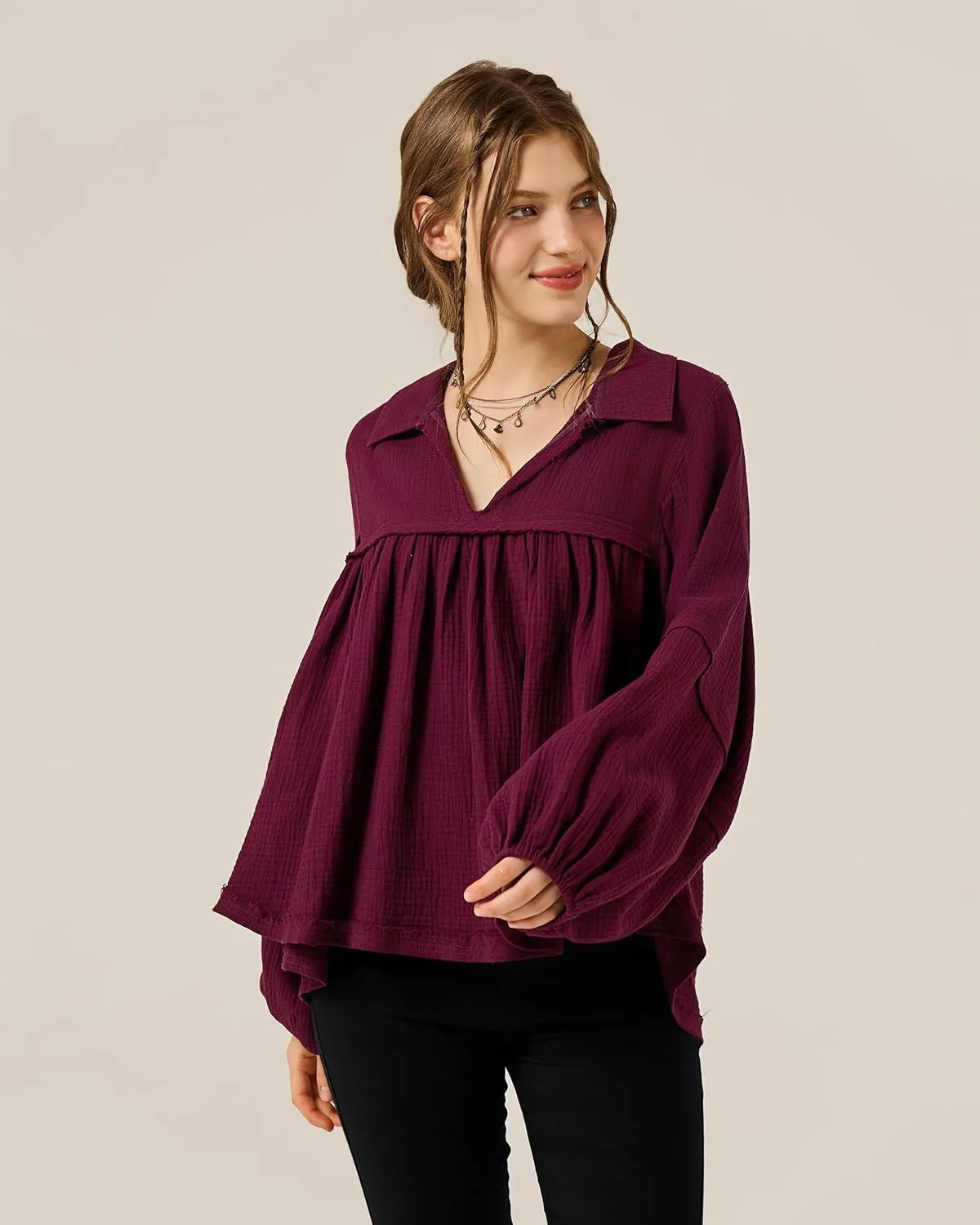 noflik Boho Casual Oversized Collared v-Neckline Long Bubble Sleeve Loose Flowy 100% Cotton Gauze Babydoll Blouse Top