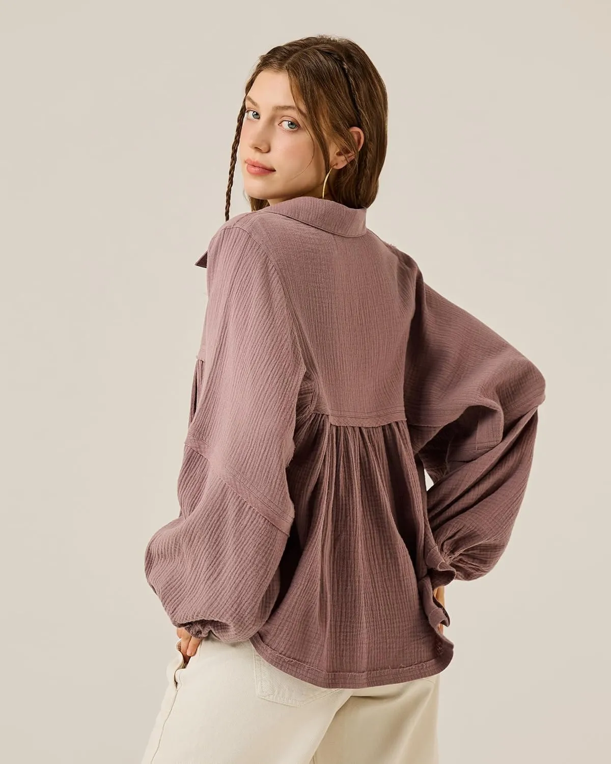 noflik Boho Casual Oversized Collared v-Neckline Long Bubble Sleeve Loose Flowy 100% Cotton Gauze Babydoll Blouse Top