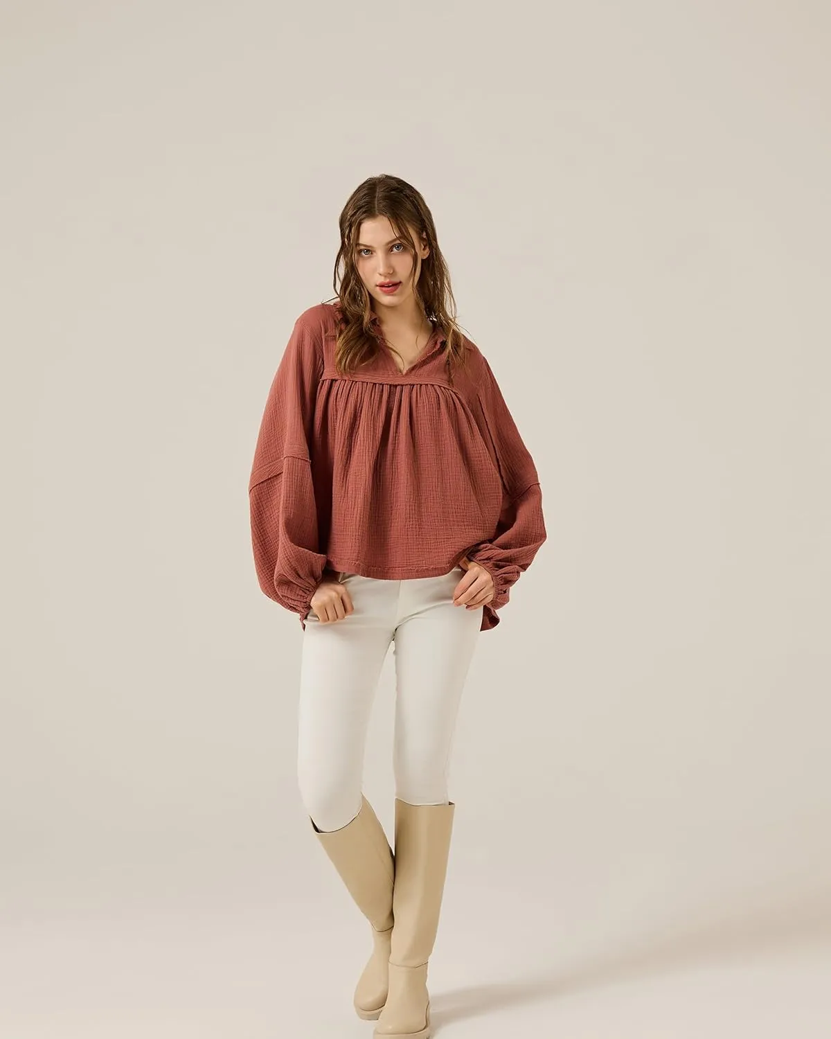 noflik Boho Casual Oversized Collared v-Neckline Long Bubble Sleeve Loose Flowy 100% Cotton Gauze Babydoll Blouse Top
