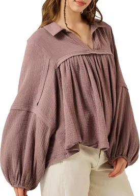 noflik Boho Casual Oversized Collared v-Neckline Long Bubble Sleeve Loose Flowy 100% Cotton Gauze Babydoll Blouse Top