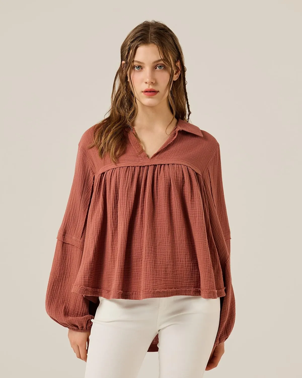 noflik Boho Casual Oversized Collared v-Neckline Long Bubble Sleeve Loose Flowy 100% Cotton Gauze Babydoll Blouse Top