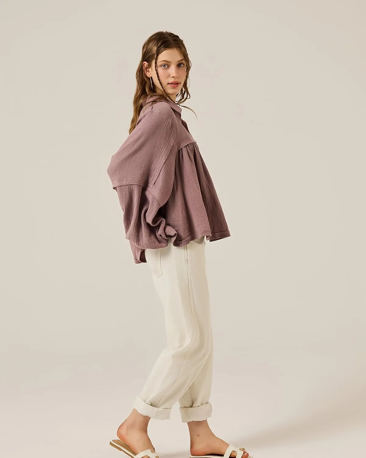noflik Boho Casual Oversized Collared v-Neckline Long Bubble Sleeve Loose Flowy 100% Cotton Gauze Babydoll Blouse Top