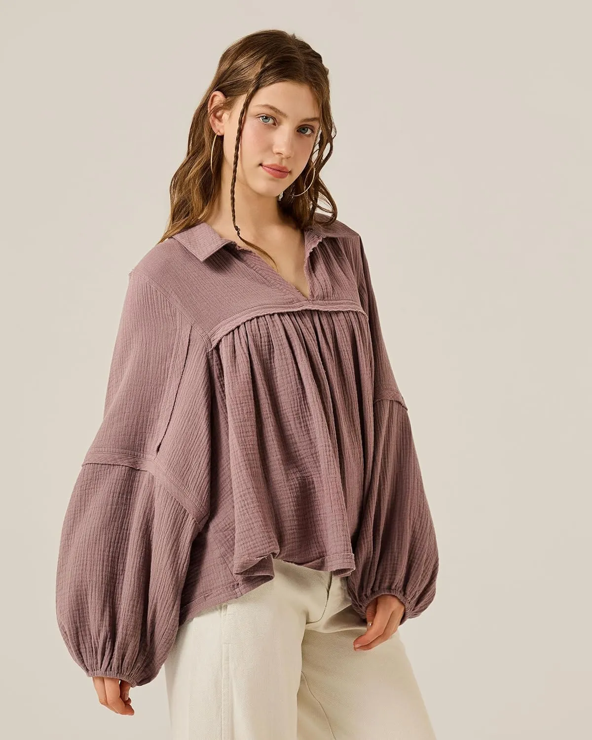 noflik Boho Casual Oversized Collared v-Neckline Long Bubble Sleeve Loose Flowy 100% Cotton Gauze Babydoll Blouse Top