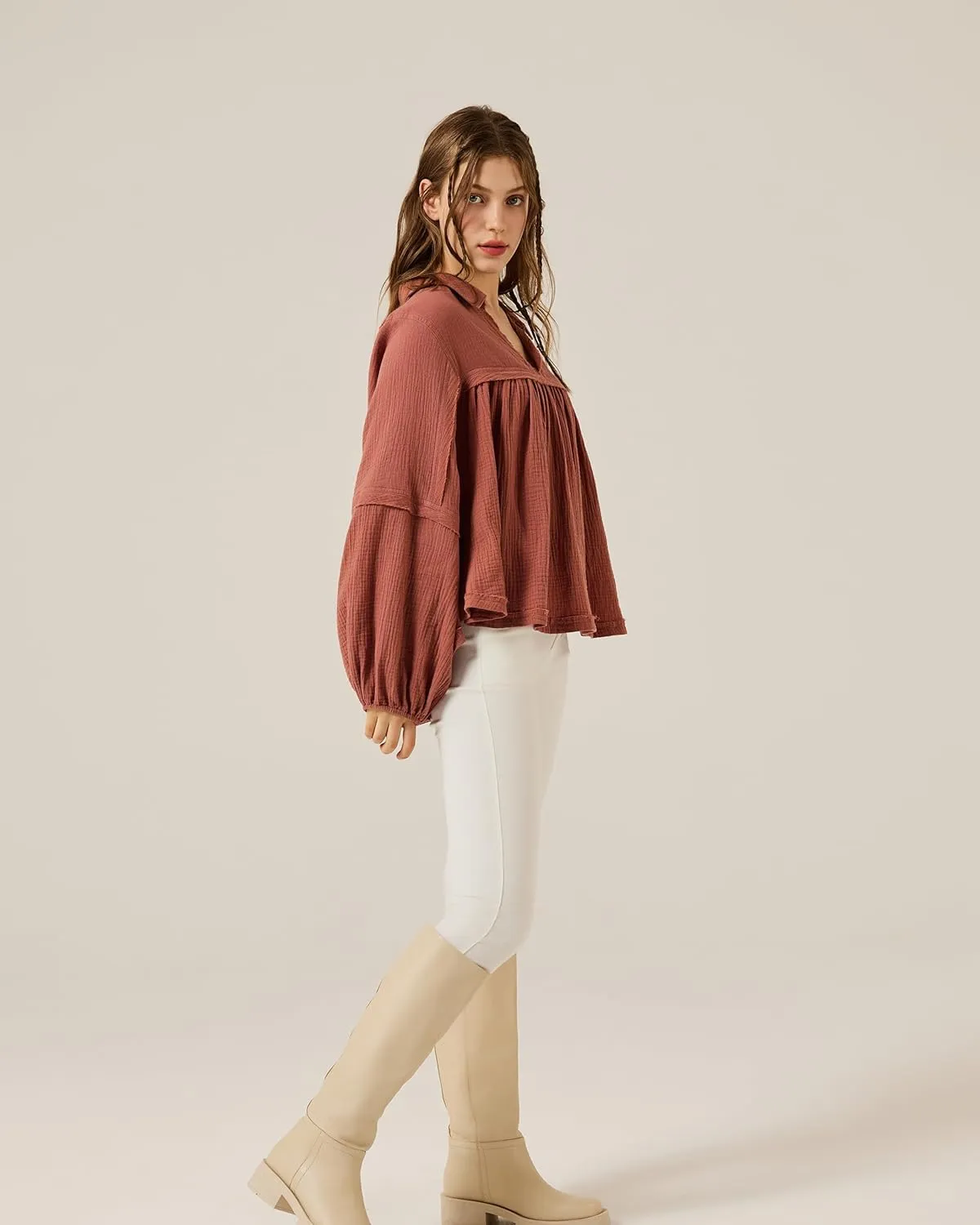 noflik Boho Casual Oversized Collared v-Neckline Long Bubble Sleeve Loose Flowy 100% Cotton Gauze Babydoll Blouse Top