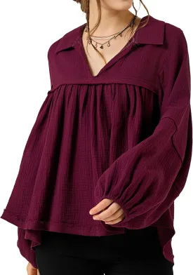 noflik Boho Casual Oversized Collared v-Neckline Long Bubble Sleeve Loose Flowy 100% Cotton Gauze Babydoll Blouse Top