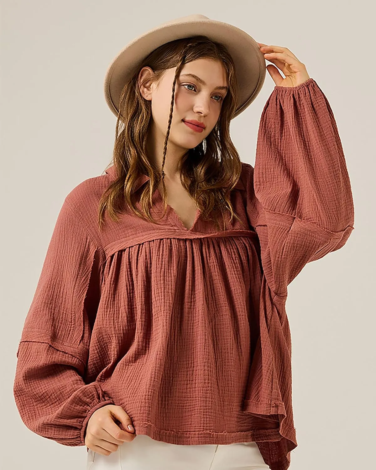 noflik Boho Casual Oversized Collared v-Neckline Long Bubble Sleeve Loose Flowy 100% Cotton Gauze Babydoll Blouse Top