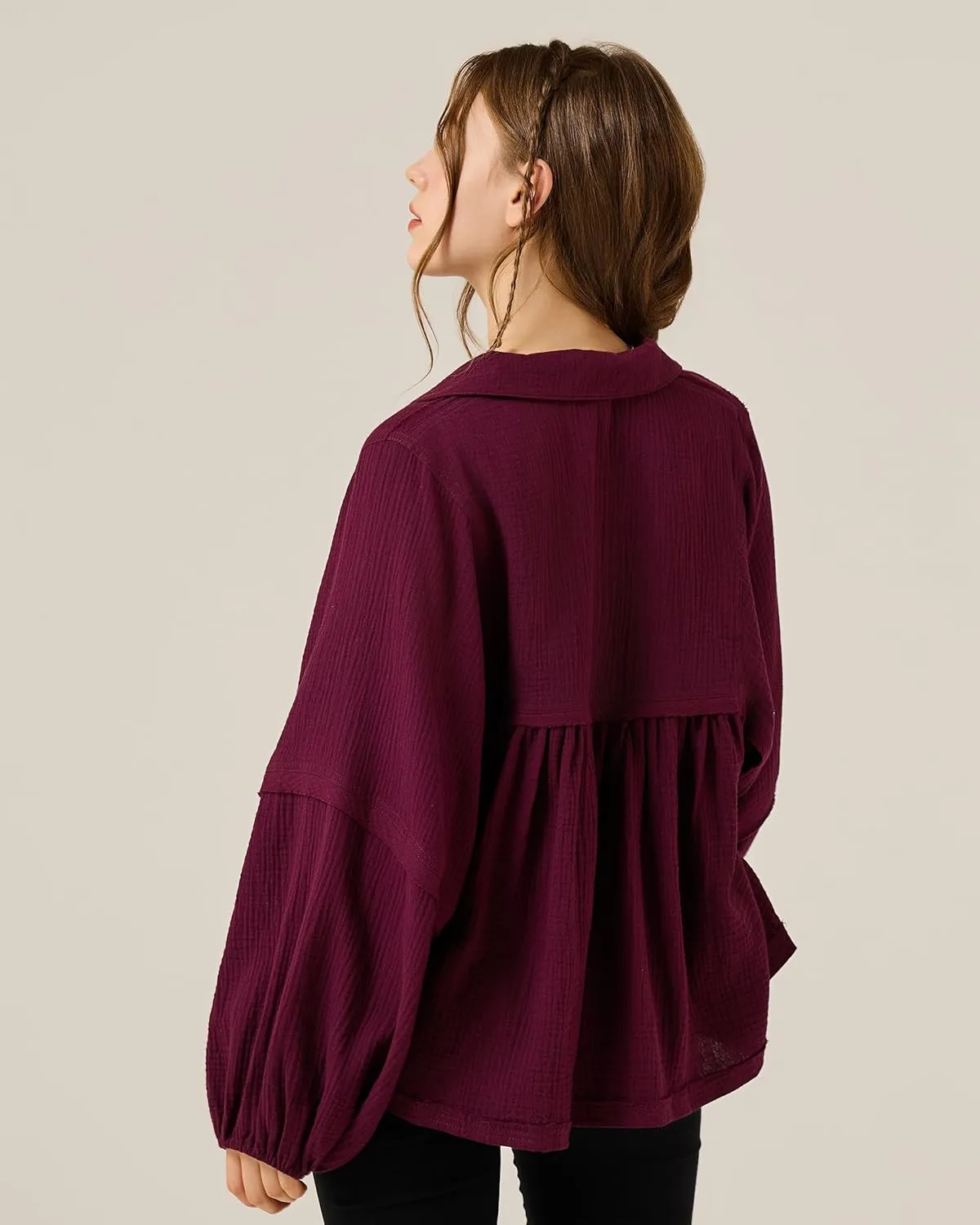 noflik Boho Casual Oversized Collared v-Neckline Long Bubble Sleeve Loose Flowy 100% Cotton Gauze Babydoll Blouse Top