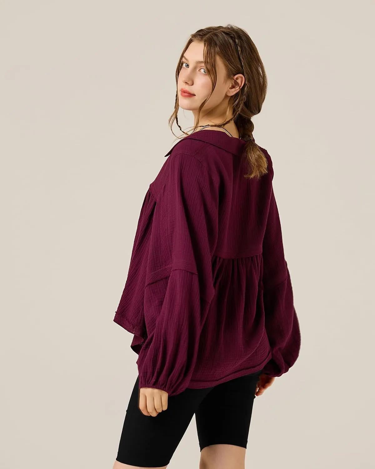 noflik Boho Casual Oversized Collared v-Neckline Long Bubble Sleeve Loose Flowy 100% Cotton Gauze Babydoll Blouse Top