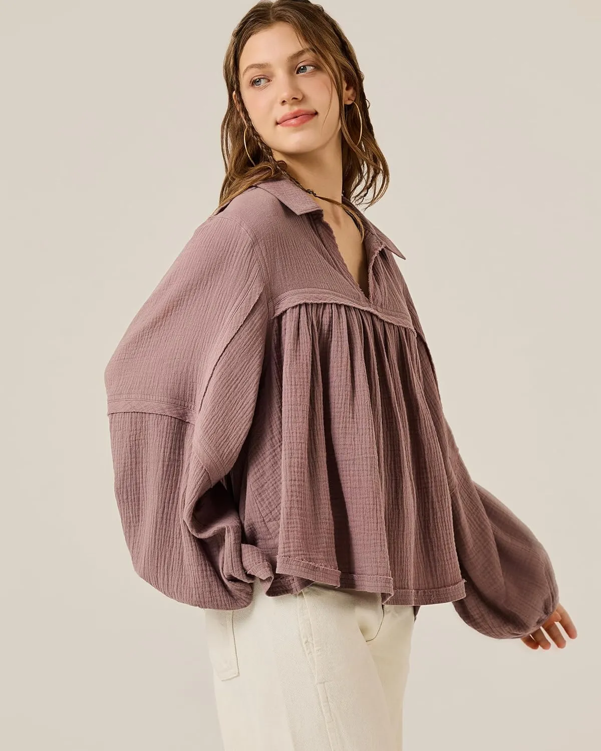 noflik Boho Casual Oversized Collared v-Neckline Long Bubble Sleeve Loose Flowy 100% Cotton Gauze Babydoll Blouse Top