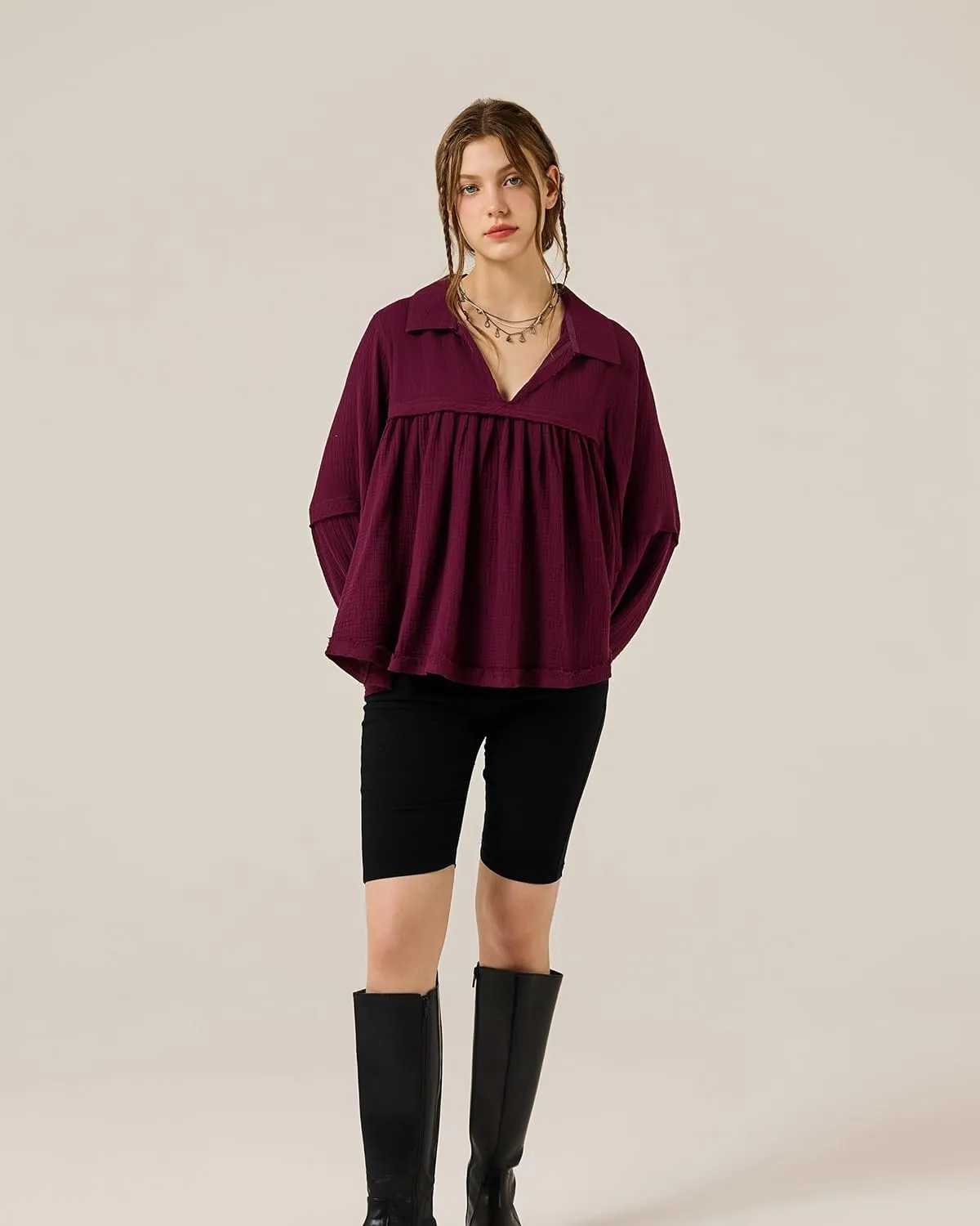 noflik Boho Casual Oversized Collared v-Neckline Long Bubble Sleeve Loose Flowy 100% Cotton Gauze Babydoll Blouse Top