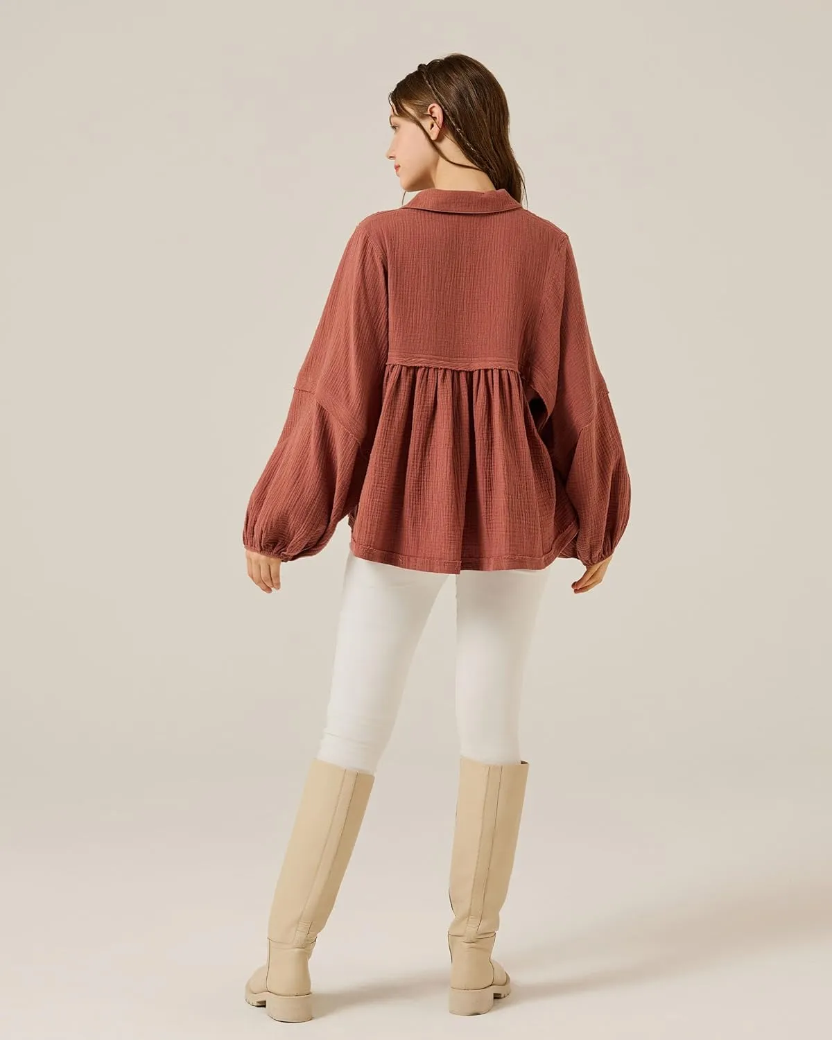 noflik Boho Casual Oversized Collared v-Neckline Long Bubble Sleeve Loose Flowy 100% Cotton Gauze Babydoll Blouse Top