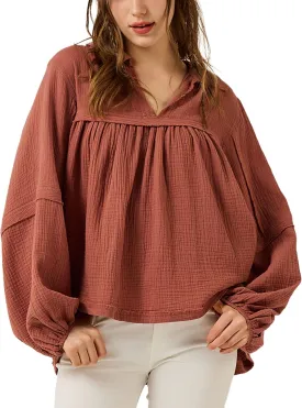 noflik Boho Casual Oversized Collared v-Neckline Long Bubble Sleeve Loose Flowy 100% Cotton Gauze Babydoll Blouse Top